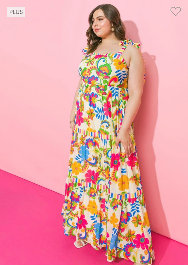 LD-Q {Breezy Beachfront} Multi-Color Floral Tiered Maxi PLUS SIZE 1X 2X 3X