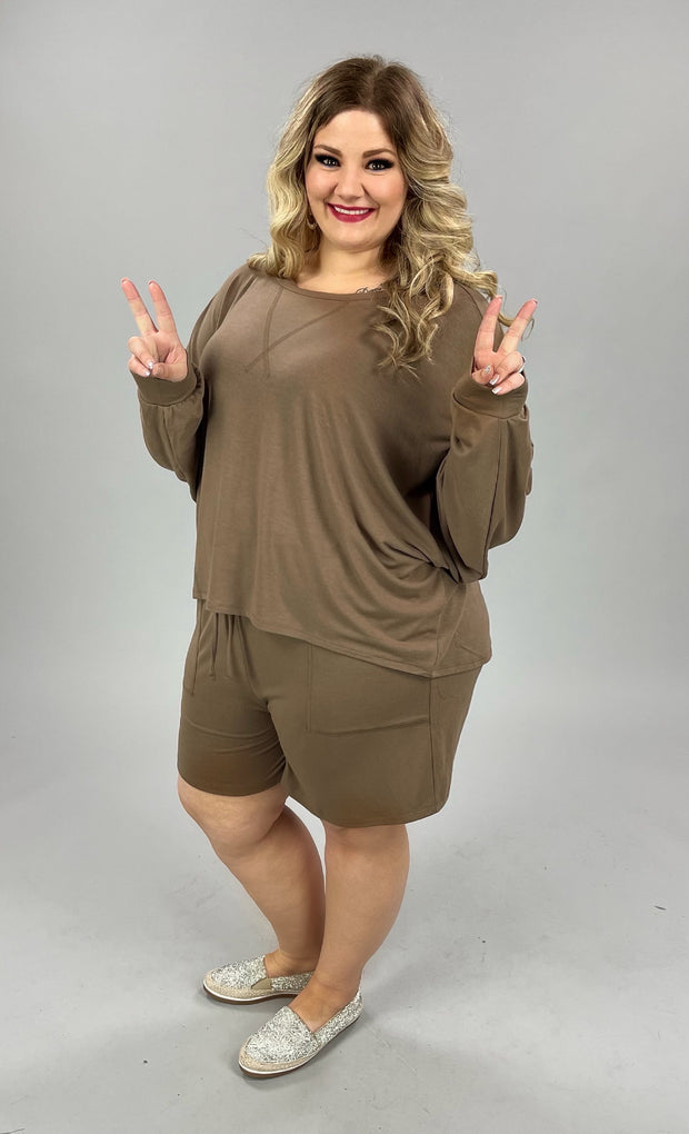 29 SET-A {The Good Life} Coffee Long Sleeve Short Set PLUS SIZE 1X 2X 3X