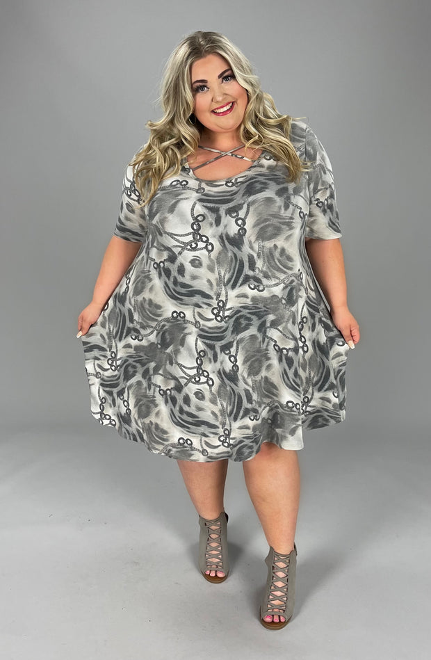 57 PSS-B {Chained Love} Grey Criss Cross Neck Multi Print  Dress EXTENDED PLUS SIZE 3X 4X 5X