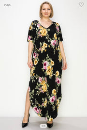 LD-M {Enchanting Memory} ***SALE***Black Floral V-Neck Long Dress PLUS SIZE 1X 2X 3X