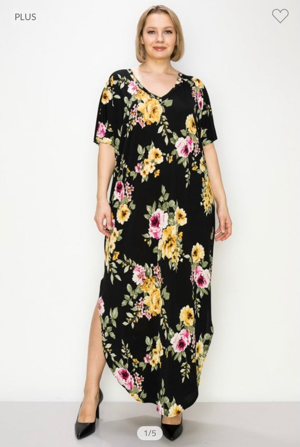 LD-M {Enchanting Memory} Black Floral V-Neck Long Dress PLUS SIZE 1X 2X 3X