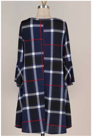 PLS-N {More Than Mine} Navy Ivory Plaid Bell Sleeve Dress PLUS SIZE XL 2X 3X