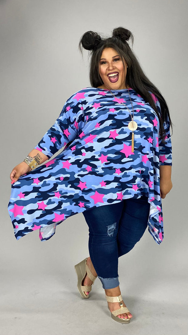 75 PQ-D {Stargazer} Indigo Camo Star Print Sharkbite Hem Top EXTENDED PLUS SIZE 3X 4X 5X