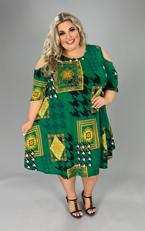 32 OS-A {Big Moves} Green And Gold  Printed Dress EXTENDED SIZES 3X 4X 5X