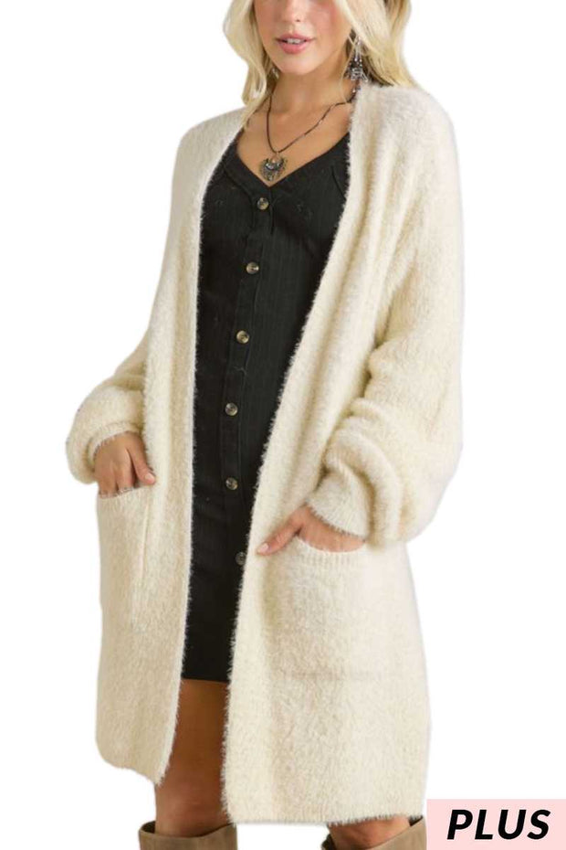 49 OT-A {Living For The Glam} Ivory Fuzzy Cardigan w/Pockets PLUS SIZE 1X 2X 3X