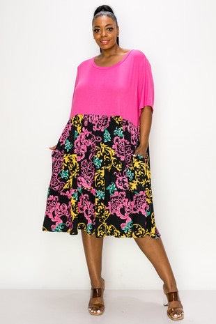 17 CP-Z {Dreams Of Design} Fuchsia/Black Print Dress  CURVY BRAND!!! EXTENDED PLUS SIZE 4X 5X 6X