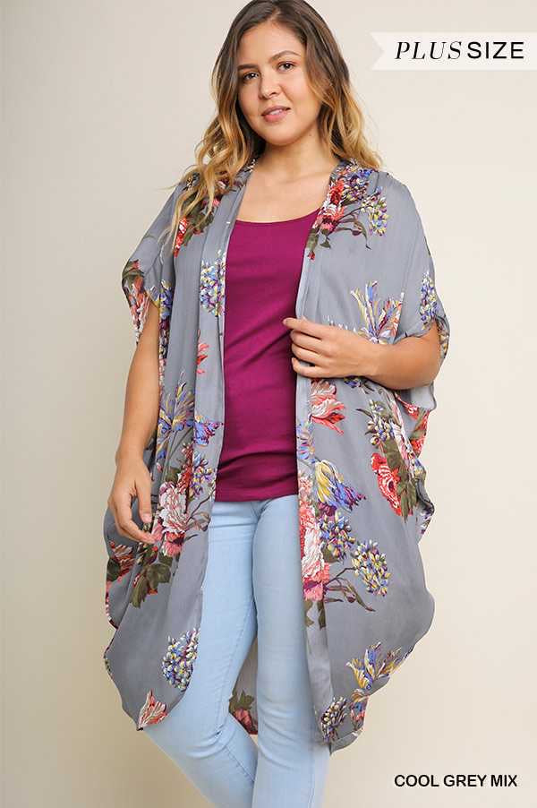 15 OT-E {Cover Me In Flowers} Umgee Grey Floral Kimono PLUS SIZE XL/1X  1X/2X