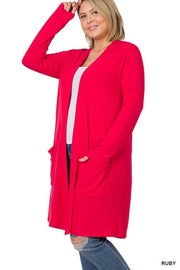 64 OT-E {Worth A Mention} Ruby Red Cardigan w/Pockets PLUS SIZE 1X 2X 3X