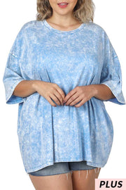 66 PSS-J {Picnic Time} Sky Blue Mineral Wash Top PLUS SIZE 1X/2X  2X/3X