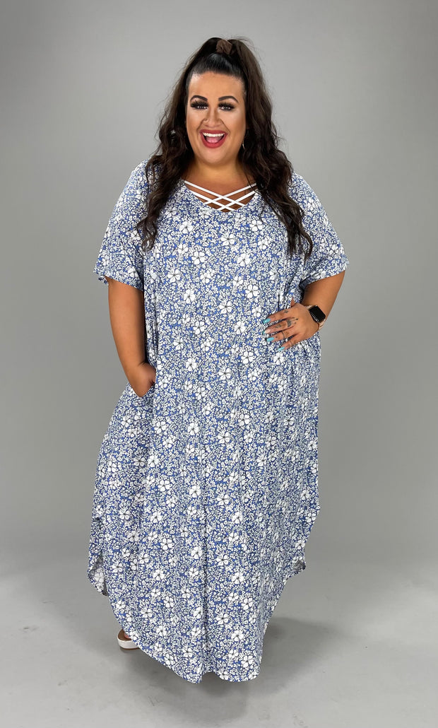 LD-O {Etched in Floral} Blue Floral Printed Maxi Dress EXTENDED PLUS 4X 5X 6X