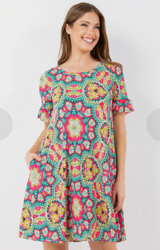 78 PSS {Part Of My World} Neon Pink/Mint Print Dress PLUS SIZE 1X 2X 3X