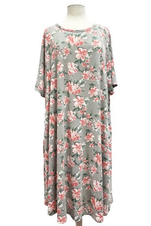 25 PSS-L {Eyes On The Prize} Grey Floral Dress w/Pockets EXTENDED PLUS SIZE 4X 5X 6X SALE!!