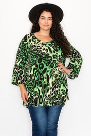 51 PQ-D {Starting The Race} Green Leopard Ruffle Sleeve Top EXTENDED PLUS SIZE 3X 4X 5X