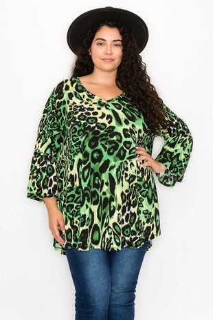 51 PQ-D {Starting The Race} Green Leopard Ruffle Sleeve Top EXTENDED PLUS SIZE 3X 4X 5X