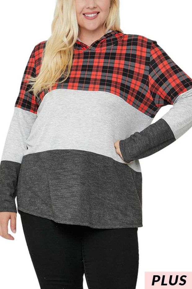 23 HD-F {In Perfect Order} Red Plaid Grey Hoodie PLUS SIZE XL 2X 3X