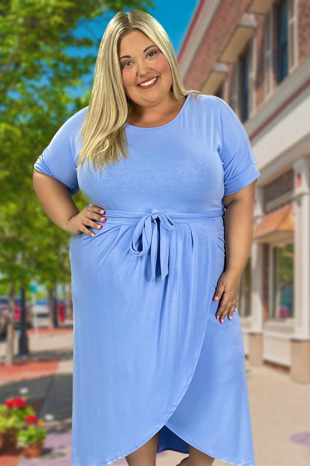 LD-Q {Part Of My Charm} Sky Blue SALE!! Belted Midi Dress PLUS SIZE 1X 2X 3X