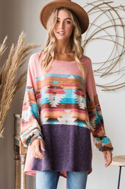 54 CP-T {Cool Desert Vibes} Blush Aztec Print Top PLUS SIZE 1X 2X 3X