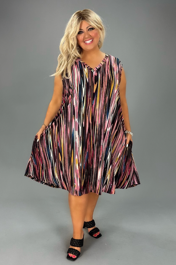 24 SV-A {We Promise Comfort} Fuchisia V-Neck Print Dress EXTENDED PLUS SIZE 3X 4X 5X