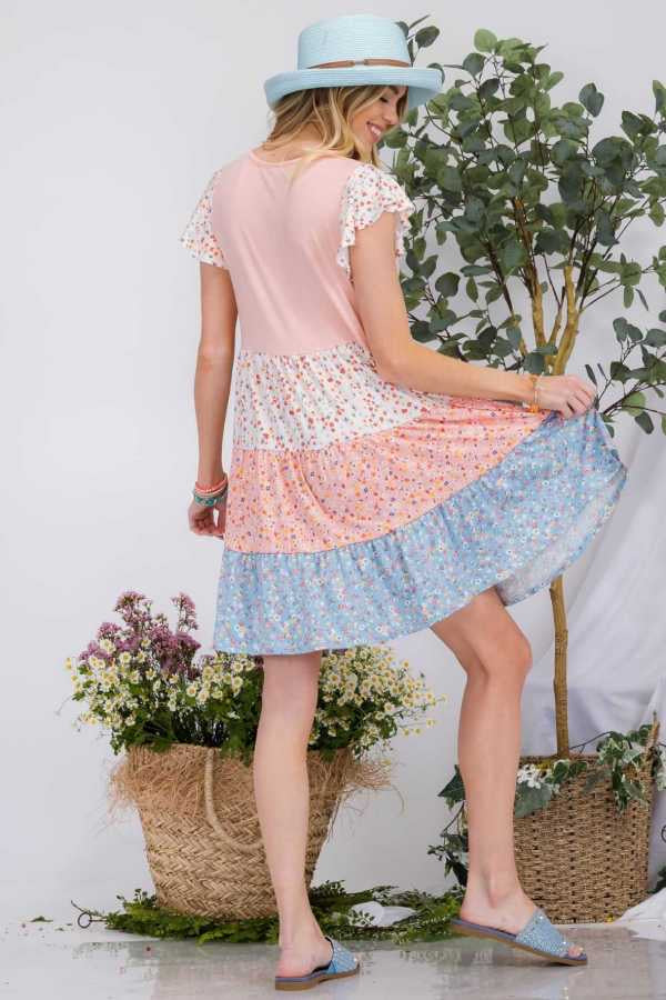46 CP-A {Promising Soul}  SALE!! Peach Floral Print Tiered Dress PLUS SIZE XL 2X 3X