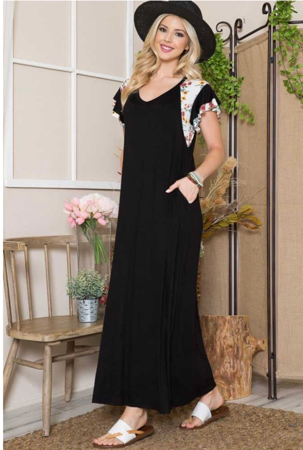 LD-R {Everyday Stunner} ***SALE***Black Long Dress Floral Sleeves PLUS SIZE 1X 2X 3X