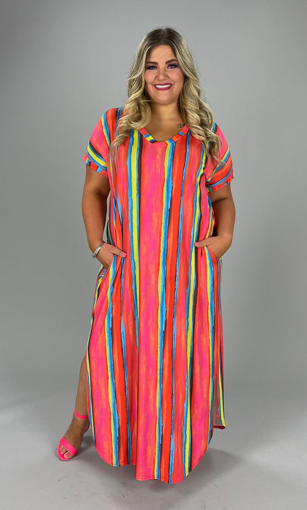 LD-F {Ultra Slim}***SALE*** Orange/Multi Color Striped Maxi Dress PLUS SIZE 1X 2X 3X