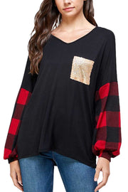 15 CP-H {Glitter Queen}  Black Red Plaid Gold Pocket Top PLUS SIZE XL 2X 3X