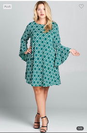 97 PQ-C {Sunday Best} Kelly Green Diamond Damask Print Dress PLUS SIZE 1X 2X 3X