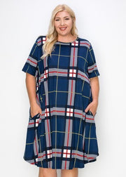 83 PSS-L {All My Life} Navy Plaid Dress W/Pockets EXTENDED PLUS SIZE 3X 4X 5X