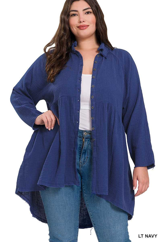 22 SLS-F {Fun And Done} Lt. Navy Peplum Raw Edge Top PLUS SIZE 1X 2X 3X