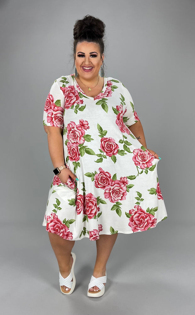 29 PSS-B {Tea Party Time} Ivory/Red Roses Print Dress EXTENDED PLUS SIZE 3X 4X 5X