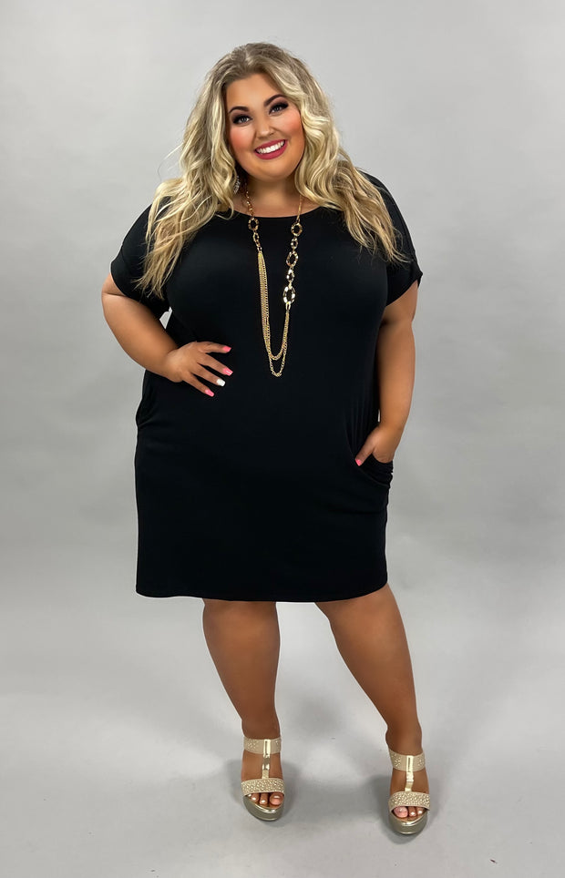 33 SSS-B {Beautiful Night} Black Roll Sleeve Dress With Pockets PLUS SIZE 1X 2X 3X