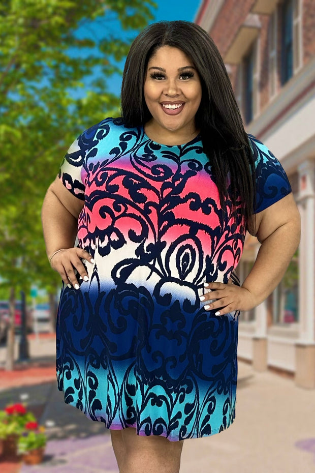 25 PSS-B {Color In Love} Navy Print Dress w/Pockets PLUS SIZE XL 2X 3X