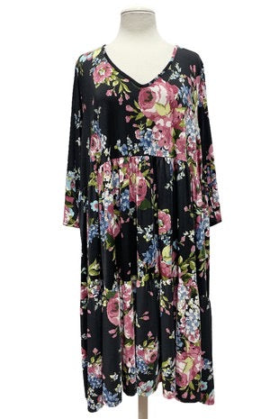 86 PQ-K {Stop To Smell The Roses} Black Floral Print Tiered Dress EXTENDED PLUS SIZE 3X 4X 5X