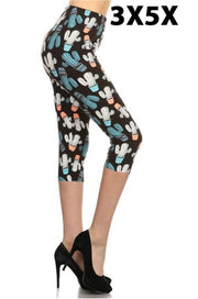 LEG-53 {Cactus Garden} Cactus Printed Butter Soft Capri Leggings EXTENDED PLUS SIZE 3X/5X