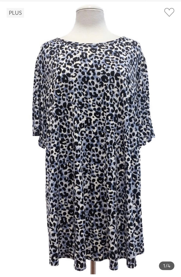 53 PSS-A {Happy Days} Blue Leopard Print Top EXTENDED PLUS SIZE 3X 4X 5X