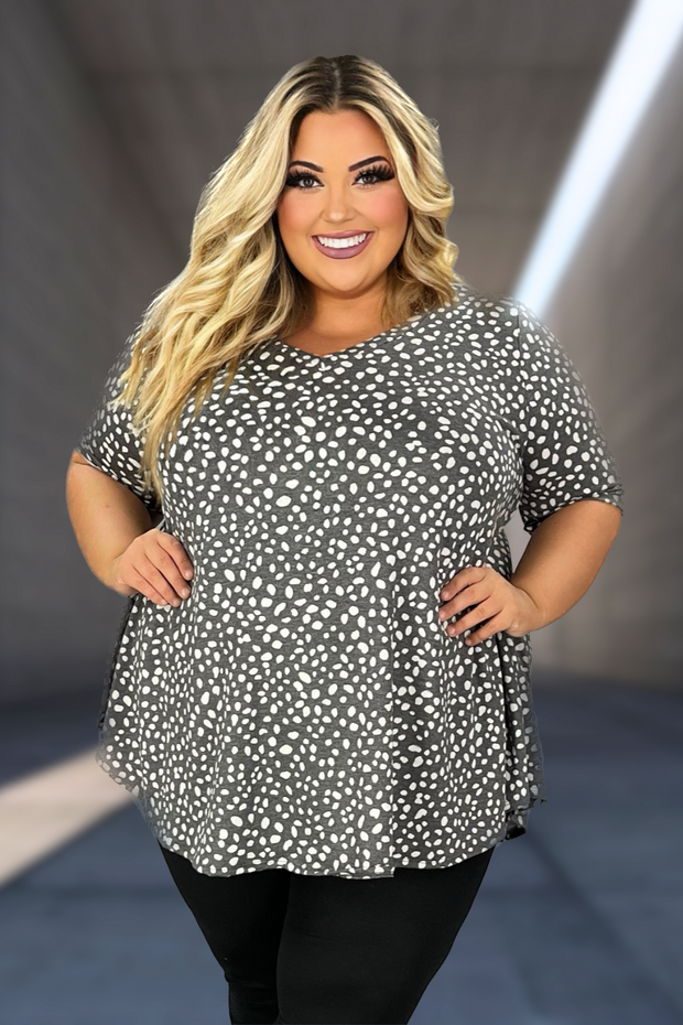 71 PSS-J {You Are The Boss} Charcoal Dalmation Print Top EXTENDED PLUS SIZE 3X 4X 5X