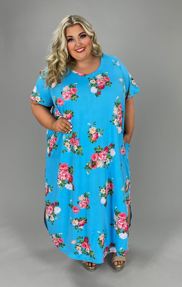 LD-F {Wonder How Long} Blue Floral V-Neck Long Dress EXTENDED PLUS SIZE 4X 5X 6X