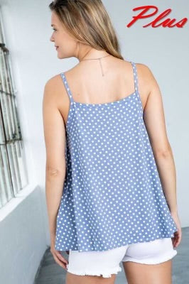 12 SV-D {You First} Denim Polka Dot Sleeveless Tank PLUS SIZE 1X 2X 3X