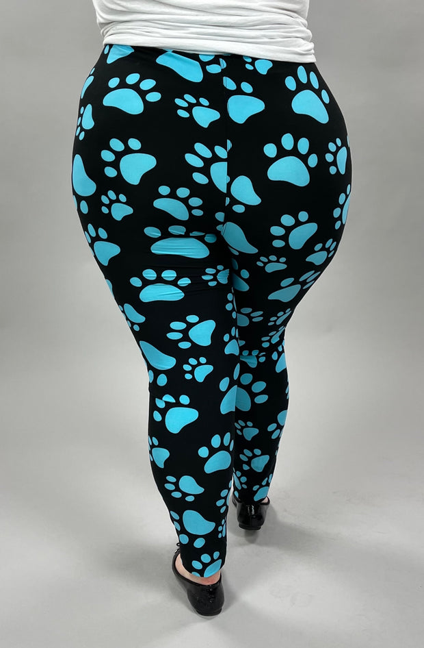 LEG-G {Blue Paws}  Black Leggings w/Blue Printed Paws EXTENDED PLUS SIZE