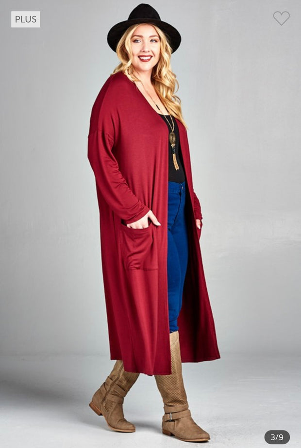 LD-Q {Class And Charm} Burgundy Long Duster w/Pockets PLUS SIZE XL 2X 3X