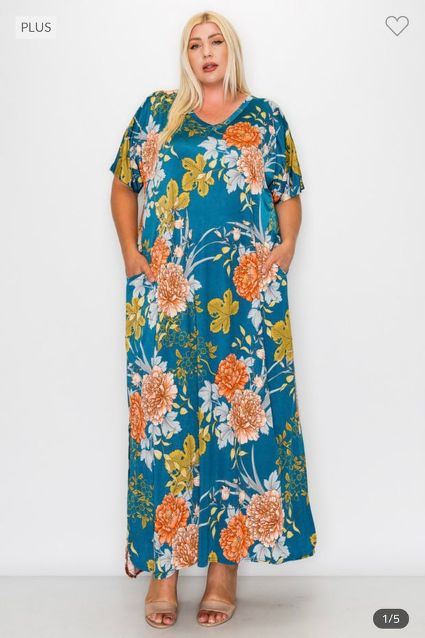 LD-Z {Dressed In Love} Teal Floral V-Neck Maxi Dress EXTENDED PLUS SIZE 3X 4X 5X