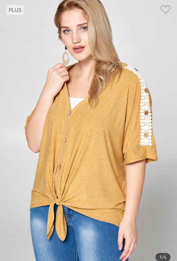 40 SD-D {Trust Your Instinct} Tan Top w/Lace & Button Detail PLUS SIZE 1X 2X 3X