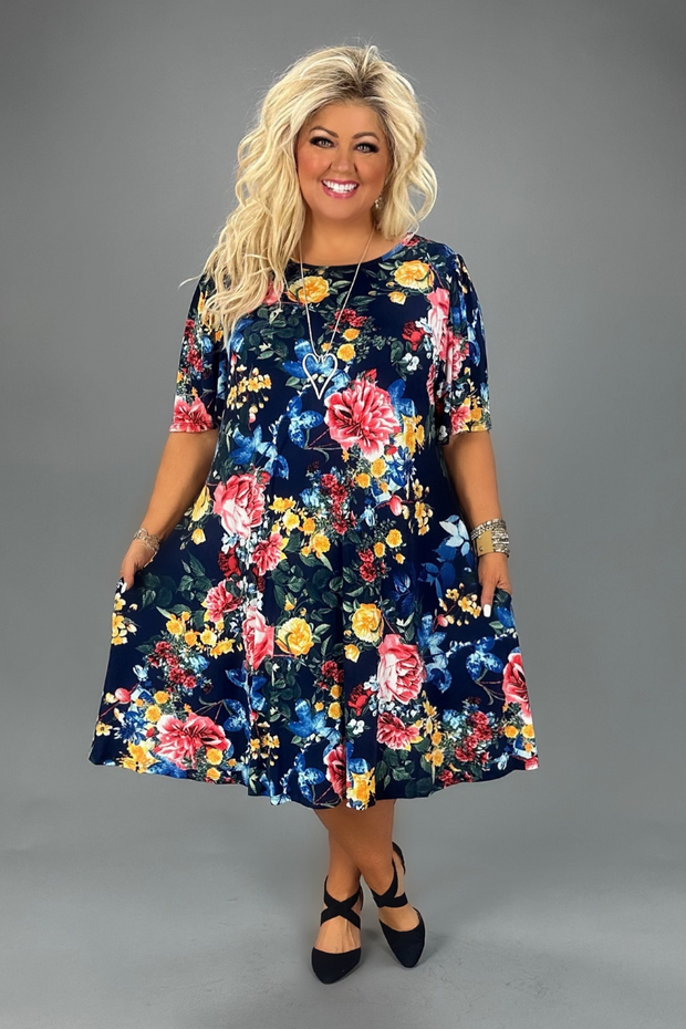 49 PSS-Q {Timeless Treasure} Navy Floral Dress w/Pockets EXTENDED PLUS SIZE 3X 4X 5X