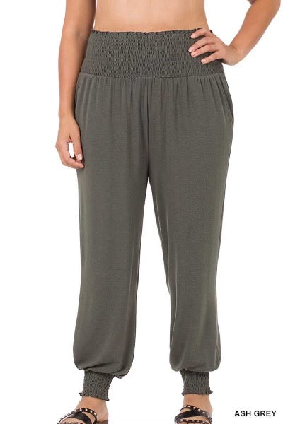 LEG-51 {Going Anywhere} Ash Grey Smocked Cuff Jogging Pants PLUS SIZE 1X 2X 3X  SALE!!!!