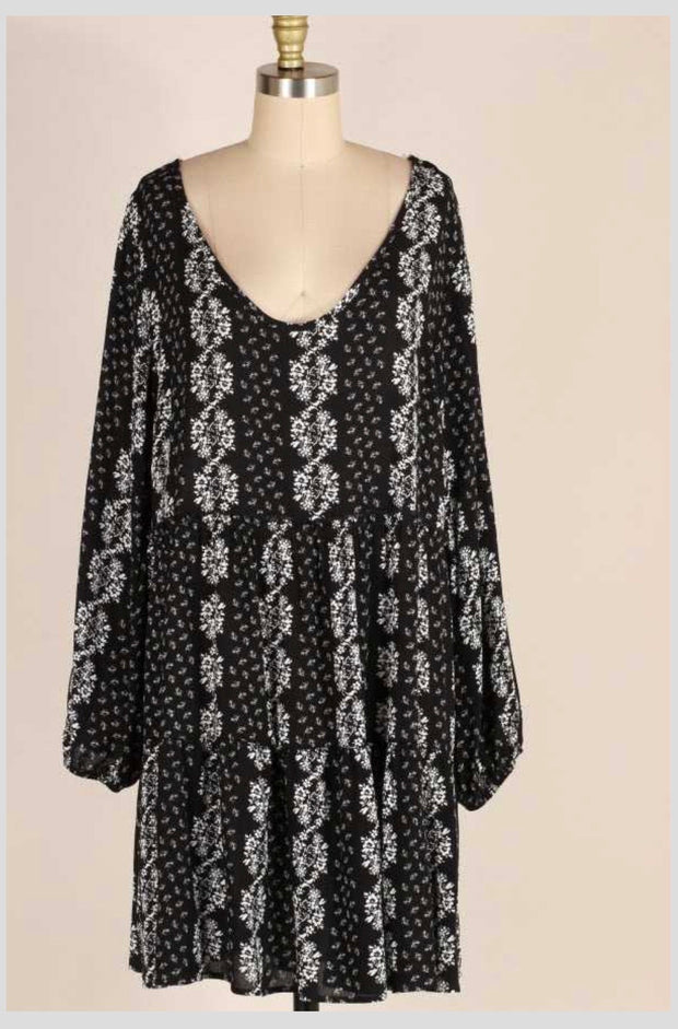 PLS-A {Little Darling}  Black & Ivory Floral Print Elastic Sleeve Dress  ***No Stretch***PLUS SIZE 1X 2X 3X