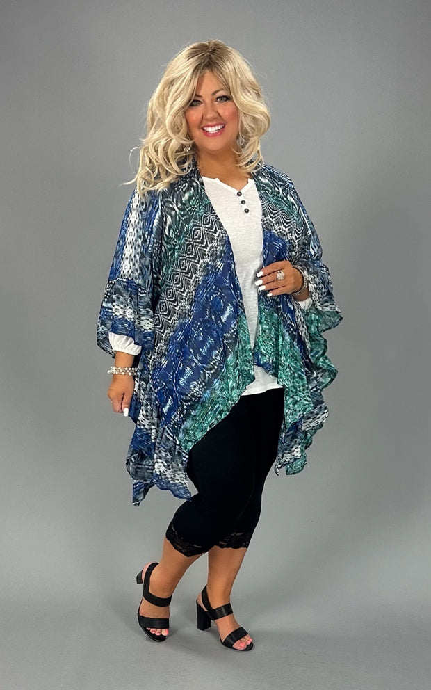 19 OT-T {On A Good Day} Royal Blue Print Ruffle Kimono PLUS SIZE 1X/2X  2X/3X