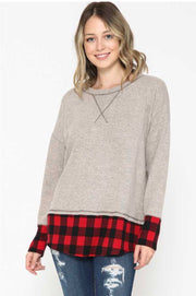 22 CP-G {Clear Your Schedule} Grey Red Plaid Contrast Top PLUS SIZE XL 2X 3X