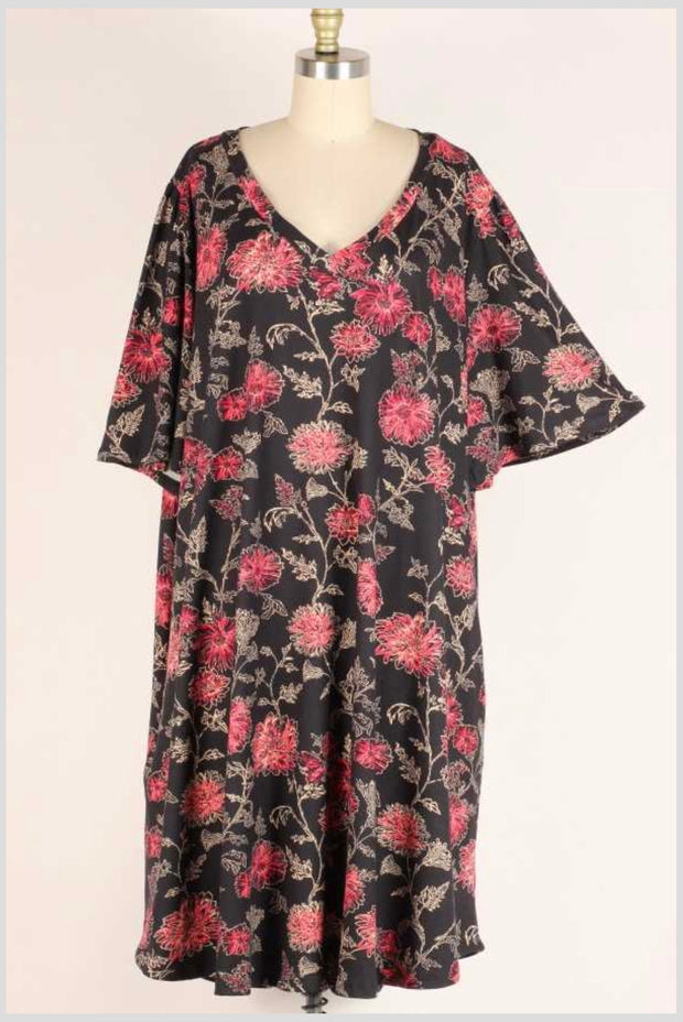 86 PSS-C {Soulful Looks} ***SALE***Black w/ Red Floral Print Dress EXTENDED PLUS SIZES 3X 4X 5X