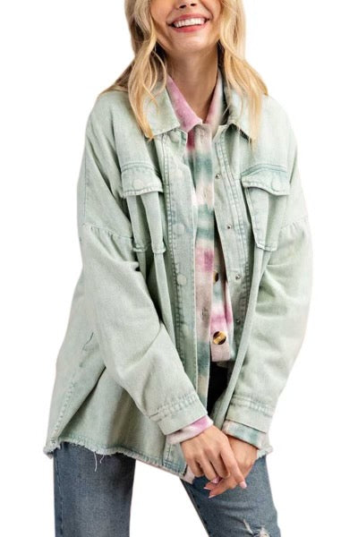 93 OT-A {Frayed Sweetness} Washed Sage Denim Jacket PLUS SIZE 1X 2X 3X SALE!!!