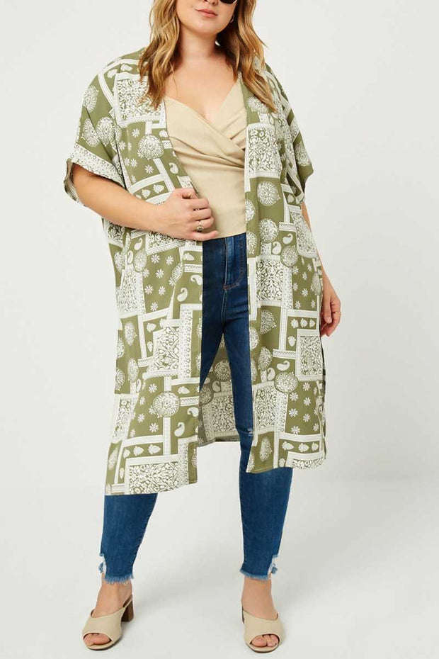 53 OT-D {County Line} Olive Multi Print Cardigan Plus Size XL 2X 3X